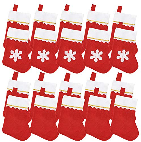 Jmkcoz 20 Pack Christmas Mini Stockings Sock Decoration Snowflake Tableware Holders, Red Felt Knife Spoon Fork Bag Candy Pouch Bag Plush Cuff Socking for Xmas Party Tree Dinner Table Home Ornaments
