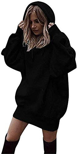 XINGENG Femme Mini Robe Pull Sweat À Capuche Casual Manches Longue Kangourou Poches Automne Hiver Mode Lâche Blouson Tunique Tops (Noir,XL)