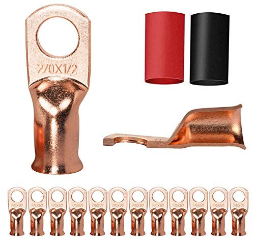 12PCS 2/0x1/2 Copper Ring Terminal Connectors 2/0 AWG Heavy Duty Battery Cable Ends Bare Copper Lugs with 12 PCS 3:1 Heat Shrink Tubing for Vehicle Boat Marine Use