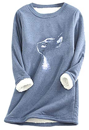 EFOFEI Suéter de felpa para mujer, de invierno, cálido, de color sólido, de manga larga, con estampado navideño, Gato Azul, L