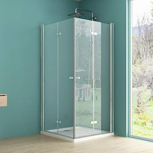 IMPTS Duschkabine 75x90cm, Falttür Duschabtrennung Eckeinstieg Doppelt Falttüren Falttürkabine Duschtür Dusche klappbar tür Duschtrennwand aus 6mm ESG Klares glas, Höhe 185cm, onhe Duschwanne