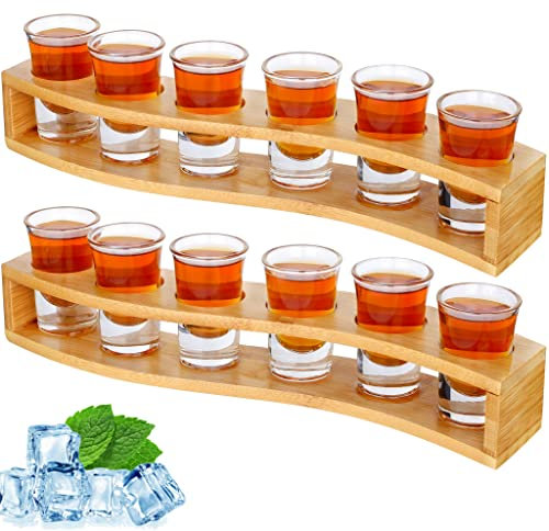 Juego de 12 vasos de chupito divertidos a granel y soporte de 30 ml/1 oz de cristal transparente con bandeja organizador de mesa para servir bebidas alcohólicas, whisky, brandy, vodka, ron