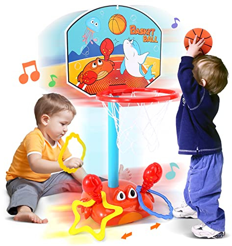 Toddler Basketball Hoop, 2 in 1 Sports Toy Set for Kids, Ring Toss Game with Music Sound, Baby Basketball Hoop for Indoor Play