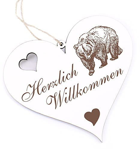 Herzlich Willkommen Schild - Grizzly Bär - Deko Herz Holz Willkommensschild Türschild Dekoschild Türdeko