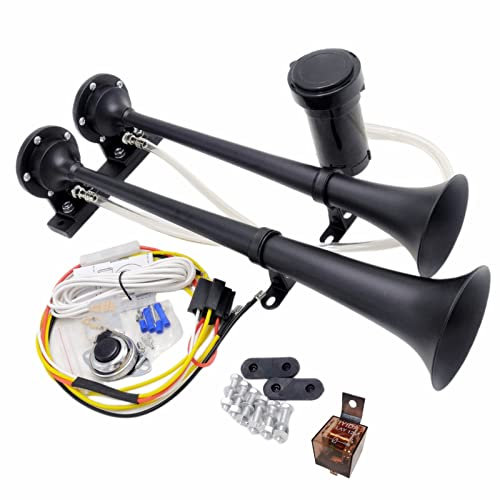 YIYIDA Air Horn Car Horn 170db Ship Horn 12V Electric Horn Zinc chrome black High Tone and Low Tone Auto Horn loud Speaker Double tube with Compressor Truck Horn for 12V car yacht Lorry boat etc