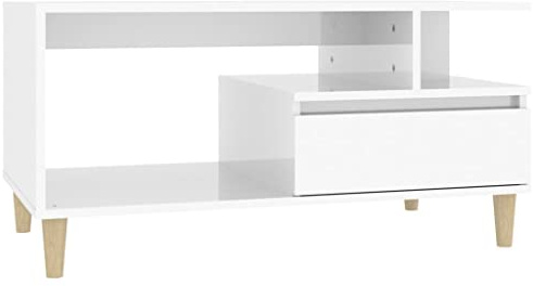 Makastle Couchtisch Sofatisch Wohnzimmertisch mit offenen Fächern und 1 Schublade, Kaffeetisch Kleiner Tisch Beistelltisch Stubentisch für Wohnzimmer Arbeitszimmer Büro, Hochglanz-Weiß 90x49x45 cm