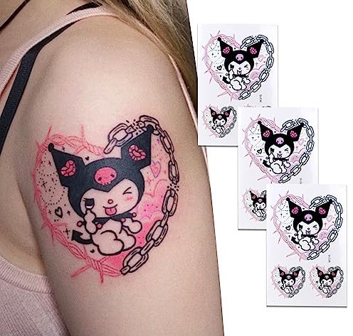 Roffatide Anime Kuromi Heart Temporary Tattoos Stickers for Women Men, Includes 3 PCS Fake Tattoos Halloween Christmas Fake Body Arm Chest Shoulder Tattoos,Waterproof Realistic Tattoos Long Lasting