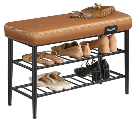 VASAGLE EKHO Collezione - Panca Scarpiera, Panca da Ingresso e Camera da Letto, Rivestimento in PU con Cuciture, Moderno di Metà Secolo, Portata 135 kg, 30 x 80 x 50 cm, Marrone Caramello LSB054K01