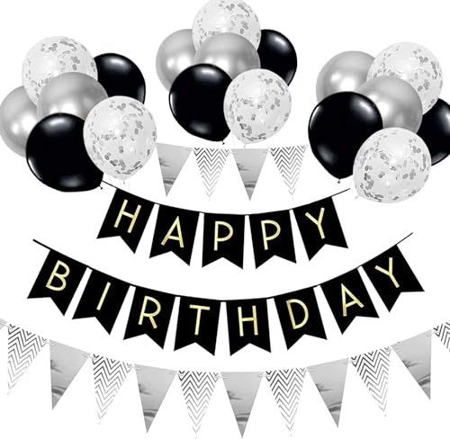 Luftballons Geburtstag Dekoration Set, Schwarz Silber Geburtstagsdeko Happy Birthday deko Banner Party Deko Geburtstag Set mit Silber Luftballons Konfetti Ballons Dreiecksflaggen Girlanden(S+SJQ)