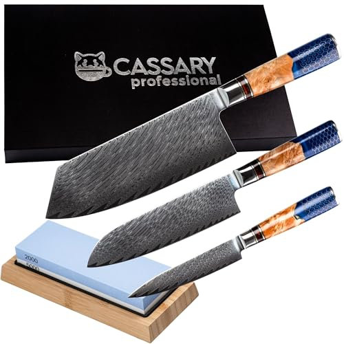 Set coltelli da cucina professionali giapponesi in acciaio damasco con pietra affilacoltelli professionale. Coltello damasco giapponese con pietra per affilare per chefs e amanti della cucina (3 set)