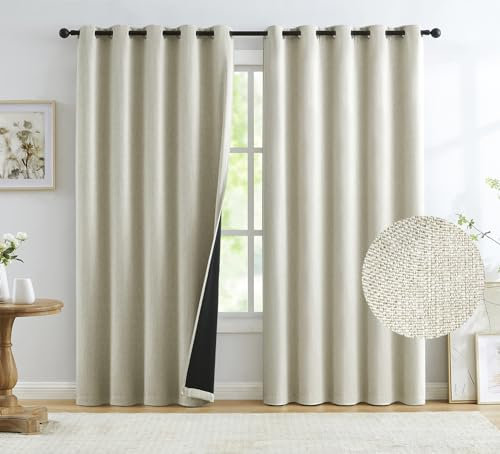 Natural Full Blackout Linen Curtains 90 inch Long Thermal Insulated Noise Reducing Bedroom Drapes Rustic Farmhouse Triple Weave Window Treatment Set for Theatre, Nursery, 60x90x2, Beige
