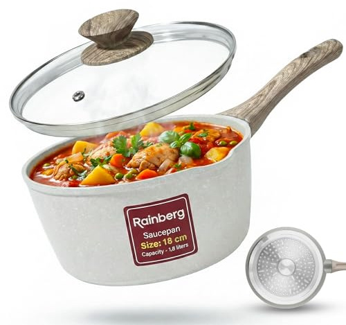 Rainberg Saucepan with Lid, Nonstick Milk Pan Suitable with Induction, Gas and Electric Hobs, Cooking Pot with Pour Spout. (Beige, 18cm)