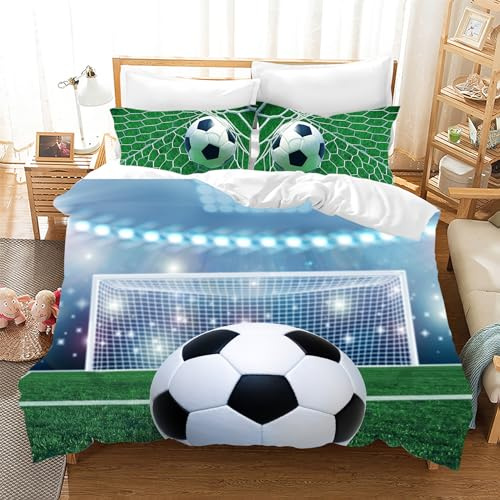 Leleyouzer Housse de Couette Football 200×200 cm,Literie pour Enfants,Housse de Couette Imprimée Football 3D + 2 Taies d'oreiller 50 x 75 cm(Football 3)