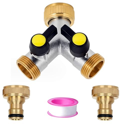 Brass 2 Way Hose Manifold Splitter, 3/4 Tap Adapter with Dual Tap Connection, 2 Ports On/Off Valve & 2 Quick Connectors