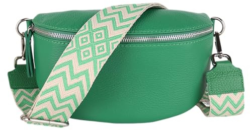 MIRROSI® Bauchtasche Damen, Echtleder, Made in Italy, Umhängetasche, Brusttasche, Crossbody Bag (1 Tasche & 2 Gurte) (Grün (Bohemian Grün), Mittelgroße Tasche (25x16x7cm))