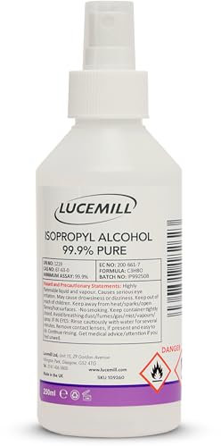 Lucemill 99.9% Isopropyl Alcohol | 250ml | Super Strength IPA Surface Sanitiser | 99.9% Isopropyl Alcohol | Clear Liquid | Comes with Atomiser Spray