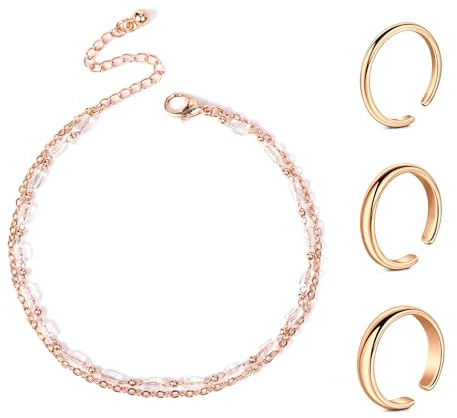Tåring och vristlänk set 2 mm/3 mm/4 mm klassisk slät tåring justerbar öppen finger ankelring och armband silver ros och guld, Metall