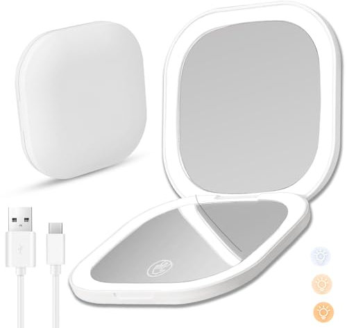 Yomaido LED Taschenspiegel Klappbar Mit Vergrößerung 1×/3×, USB Wiederaufladbar Reisespiegel Mit Licht, Tragbarer Klappspiegel Für Handtasche Tasche, Present for Women Schminkspiegel Reise（Weiß）