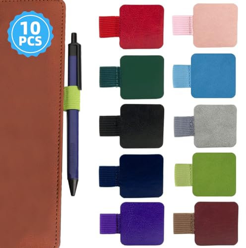 FUKPO 10 Stück Elastische Stiftschlaufe Selbstklebend, Stifthalter Notizbuch Stiftschlaufe Leder, Stiftehalter Kalender Tablet Pen Holder Loop Bleistift Rot Rosa Lila Blau Grün Schwarz Grau Braun