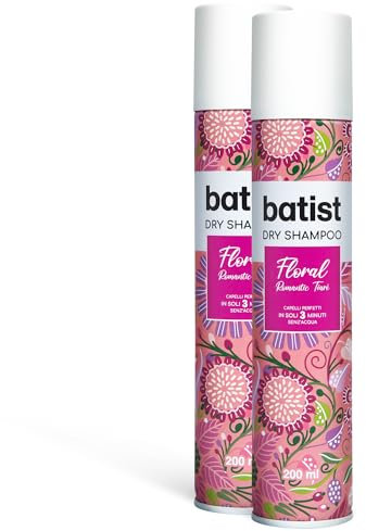 Batist Trockenshampoo Floral, Trockenshampoo mit Duft von Tiaré und Jasmin, duftendes Trockenshampoo für Frisuren und Frisuren, für alle Haartypen, 2 x 200 ml, hergestellt in Italien
