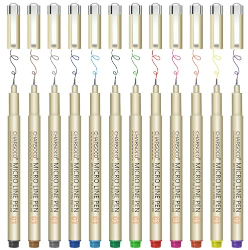 CHARSOCO Micro Pen, Fine Point Pen with 12 Colors, Waterproof Archival Ink, 0.25mm Fineliner Ink Pens for Artist Illustration, Sketching, Anime, Manga, Technical Drawing and Scrapbooking