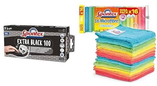 Spontex Bundle Extra Black Einmalhandschuhe aus Vinyl, Größe S, 100er Pack, schwarz + Mikrofaser Allzwecktücher 16er Pack