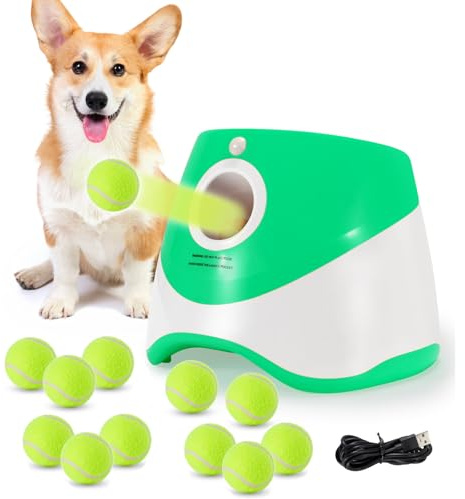 TIEXITOR Dog Ball Launcher with 12 Tennis Balls, Automatic Dog Ball Thrower for Indoor Outdoor, 3 Adjustable Distance 10-30 FT, Interactive Dog Toy Ball Fetch Machine for Small & Medium Dogs