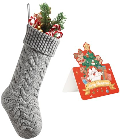 meioro Weihnachtsstrümpfe mit Grußkarte, 46cm/18in Große Größe Kabel Strick Weihnachtsstrümpfe, Kamin Hängende Weihnachtsstrümpfe für Urlaub Familie Party Festival Dekorationen (Grau, 1 Pack)
