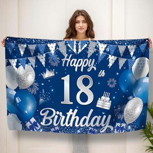 Koliphy 18. Geburtstag Banner, 18 Geburtstagsbanner Deko für Jungen & Mädchen, Handgehalten Stoff 18. Geburtstagsdeko Party Dekoration für Drinnen und Draußen(Blau Silber)