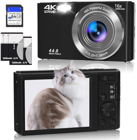Digitalkamera 4K 44MP Fotokamera:16X Digitalzoom Kamera, Vlogging Fotoapparat Kompaktkamera mit 2,8 LED Bildschirm, 64G Micro Speicherkarte, Digitalkamera für Kinder Jugendliche Anfänger,Beige
