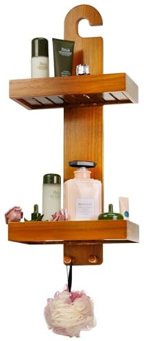 Utoplike Panier de Douche en Teck avec Crochets, Support de Douche Suspendu à 2 Niveaux, étagère de Douche en Bois pour Articles de Toilette, sans perçage