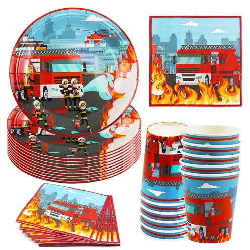 Hmfmdy Lot de 40 pièces de vaisselle de fête motif pompier - Décoration de fête d'anniversaire - Avec assiettes en carton, gobelets et serviettes - Accessoires de fête pour 10 invités