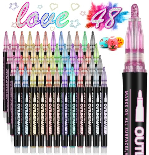 HIGSPE Glitterpennor magiska pennor, 48 färger Outline pennor metalliska trolleripennor barn, glitter filtpennor fyllningsidé, skolning flickor för scrapbooking, hantverk, gåvor 4–12 år