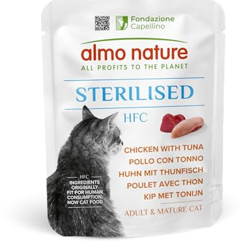 Almo Nature HFC Functional – Sterilised – Våtfoder för vuxna katter – kyckling med tonfisk – 24 påsar med 50 g