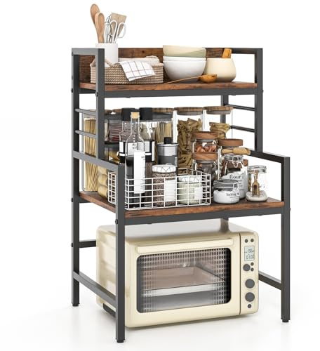 GiantexUK Microwave Oven Stand, 3-Tier Kitchen Baker’s Rack with Anti-tipping Kits & Anti-falling Guardrails, Microwave Shelf Stand Spices Storage Organizer for Dining Room | with Anti-tipping Kits & Anti-falling Guardrails, Microwave Shelf Stand Spices Storage Organizer for Dining Room