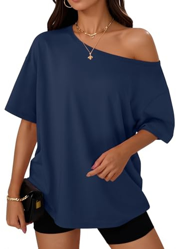 Trendy Queen Womens Off the Shoulder Tops Oversized T-Shirts Short Sleeve Tees Summer 2026 Casual Spring Clothes Workout Gym Y2k Cute Going Out Plus Size Fashion Clothing Navy 2XL