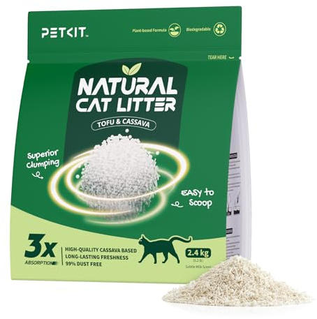 PETKIT Upgraded Cassava Cat Litter, Fast Clumping 2.4KG Plant-Based Natural Tofu Litter, Superior Odour Control, Dust-free & Low Tracking, Flushable, 100% Biodegradable, Long-Lasting for Multi-cats
