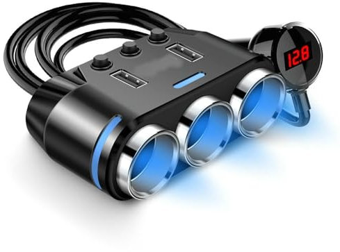 NYSDM Adaptador de Enchufe para Coche 150 W con 3 Tomas, Divisor para Encendedor de Cigarrillos, Salida USB de 12 V, medidor de Voltaje LED, Cargador para Coche, Puerto USB múltiple
