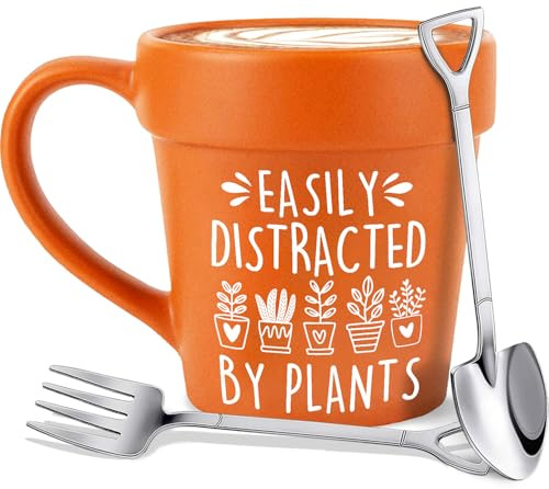 HZIZI 14oz Large Plant Mug With Shovel Spoon & Fork Easily Distracted By Plants Flower Pot Coffee Mug Gardening Mug - Handmade Plant Lover Gifts Idea for Women Grandma Mom Mothers Day Christmas