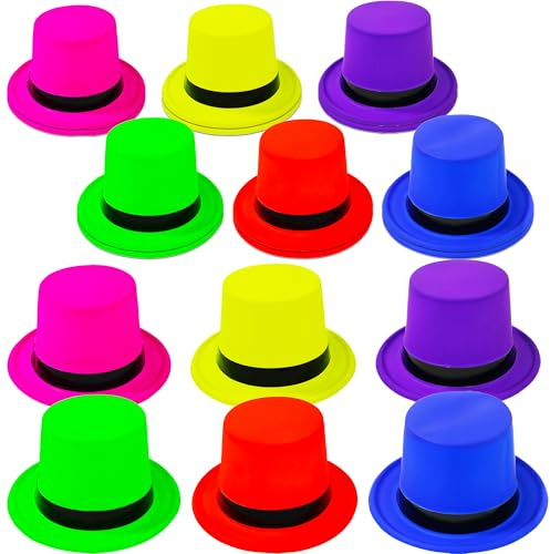 SGBETTER 18 Pcs Neon Top Hats Plastic Top Hat Colorful Magician Hat Party Hats Bulk for Adult Kids Cosplay Party Dress Accessories, 6 Colors