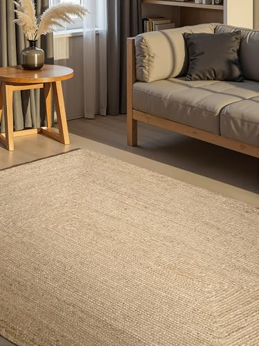 Hanse Home Juno Juteteppich - Natur Wohnzimmerteppich aus 100% Jute, Handgewebt - Robust & Pflegeleicht - Moderner, Boho Naturfaser Teppich, Natur Weiß - 160x230cm