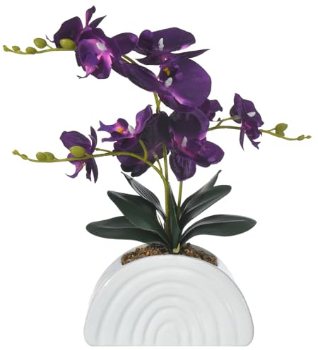 WishTip Fake Orchid Plant in White Rainbow Pot, Artificial Silk Phalaenopsis Orchid Flowers for Home Décor, Table Centerpiece, Office Desk (Dark Purple)