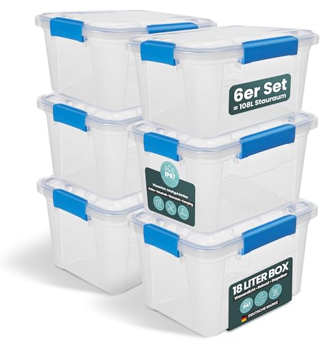 Kreher® Aufbewahrungsbox 18 Liter mit Deckel – wasserdicht & staubdicht, transparent & stapelbar, BPA- & schadstofffrei, robuste Kunststoffbox mit Silikondichtung & 4 Clips (6, 18 Liter)