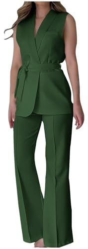 Hosenanzug Damen Elegant Sommer Anzug Zweiteiliger Ärmellos Blazer Weste und Hosen Hohe Taille 2 Teilig Slimfit Streetwear Business Lässig Outfits Festlich Anzug Frauen Baumwolle Freizeitanzug
