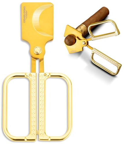CIGARLOONG Forbici per sigari, tagliasigari in acciaio inox a doppio taglio, con custodia in pelle e confezione regalo, adatte per regali da uomo (diametro anello 67,5) (dorato)