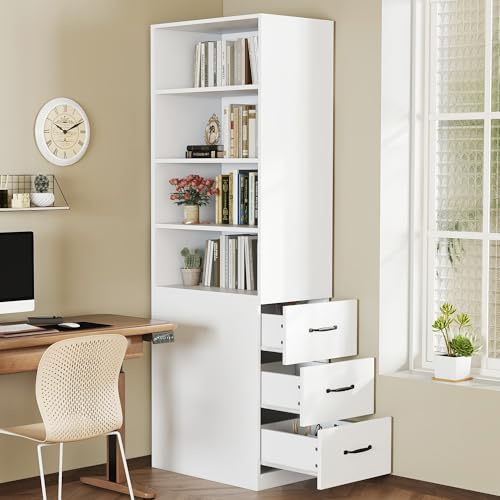 Merax Bücherregal 60x38x180cm, mit seitlichen Schubladen, verstellbare Böden, 38 cm breit, für kleine Räume, Sideboard, Wohnzimmer Hochschrank, modernes Design, Weiß