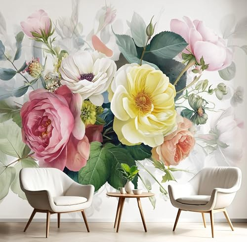 Carta Parati Murale Rosa Giallo Rosa Peonia 150X105Cm Carta Da Parati Panoramica Piante Acquerellate Effetto 3D Poster Da Parete Per Sogg Per Soggiorno,Camera Letto,Ufficio,Tv Sfondo