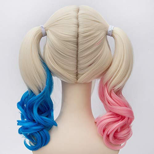Puzgaqy Blonde Gemischt Perücke für Harley Quinn Damen mit Tattoo Perücen für Frauen Faching Karneval Halloween (Blond Blau Rosa) PU014
