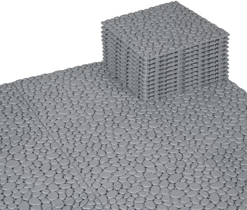 BEEFURNI Plastic Interlocking Cobbled Stone Tile (60PCS) 12 x 12, Patio Tiles Outdoor Waterproof Non Slip, Interlocking Drainage Tiles for Pool, Basement, Shower, Bathroom, Backyard, Garden (Gray)