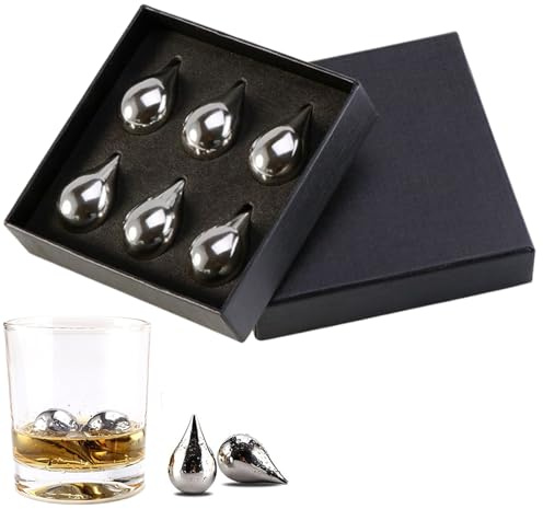 Gihioue Lot de 6 glaçons réutilisables en acier inoxydable - En forme de goutte - Pour rafraîchir les boissons - Cadeau pour les fêtes de réchauffement de la maison, les bars, le vin, les jus de